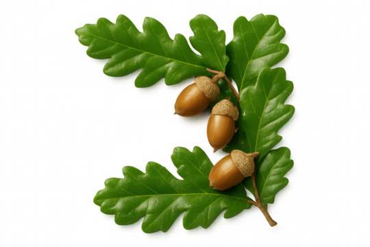 Sprig of common oak with green leaves and acorns isolated on transparent background, ideal for nature-themed designs