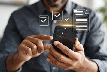 Person using a smartphone to review documents with checkmarks