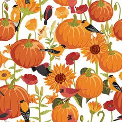 vector drawing seamless pattern with pumpkins, flowers and birds, Thanksgiving day decorative background, autumn vegetables, hand drawn illustration