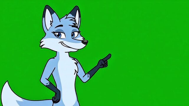 Animated cartoon blue fox character points and smiles on a green screen chroma key background