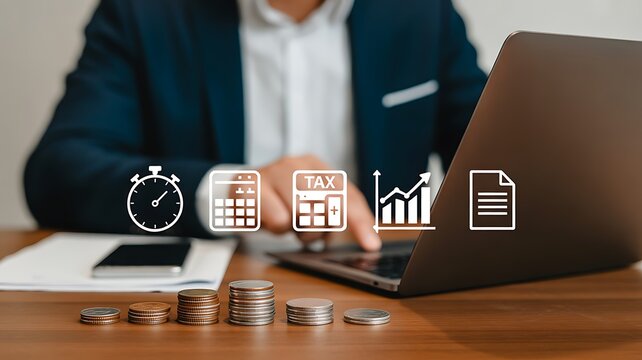 Tax Planning and Financial Analysis with Businessman Using Laptop and Accounting Icons - Powered by Adobe