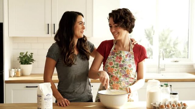 Young woman laughing with aunt while baking cake in the kitchen, happy casual lifestyle