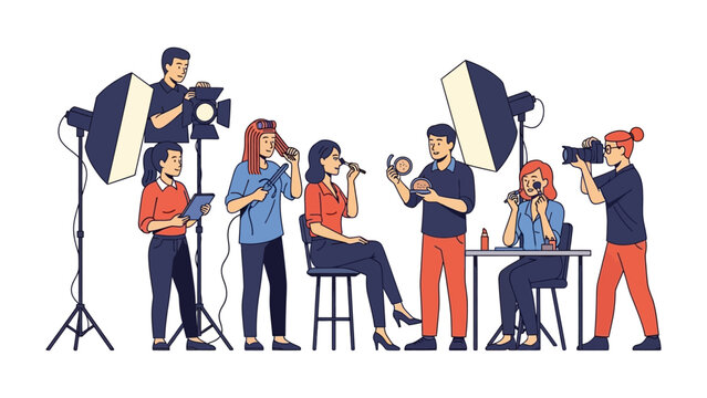 Professional photography studio setup with diverse team of artists and models creating content with lighting equipment and cameras for fashion shoots