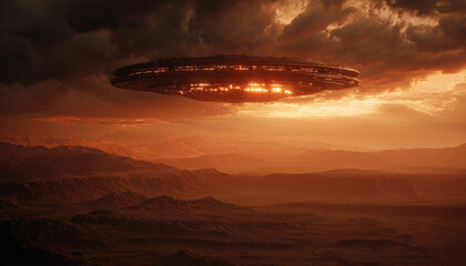 "Massive Alien Spaceship Hovering Over a Desolate Desert Landscape at Sunset, Casting an Eerie Glow Across the Mountains and Sky, Creating a Cinematic Scene of Mystery, Science Fiction, and Cosmic Won