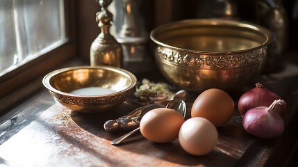 Chilies onions eggs and ghee or clarified butter is a brass plat