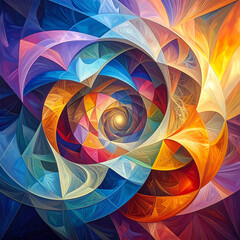 The harmonious architecture of creation revealed in a swirling vortex of vibrant, abstract stained glass patterns