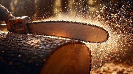 A chainsaw cutting a log with flying sawdust and shavings