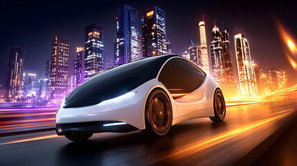 car hovering over smart highway with digital traffic signals