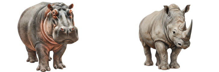 Majestic hippo and rhino illustrations showcase wildlife diversity for educational projects and conservation with transparent background