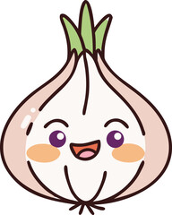 Cute kawaii face onion-garlic fusion icon, simple bold lines, flat colors.