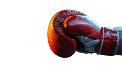Red boxing glove in a powerful punch position ready to strike transparent background, cutout PNG