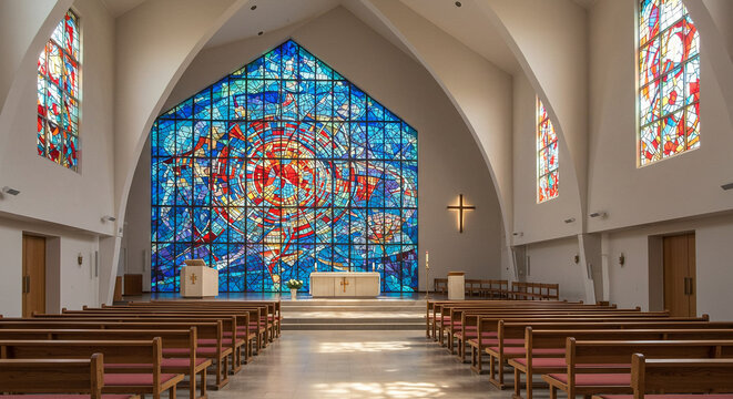Interior view of a modern church with a vibrant stained glass window and pews.