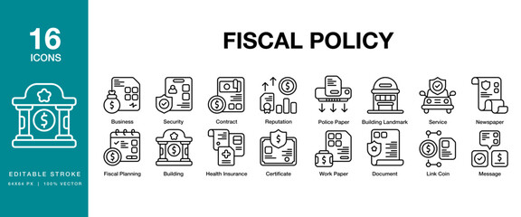 Fiscal Policy icon set. Includes policy, fiscal, finance, money, financial, and More. Editable Stroke Icon Collection.