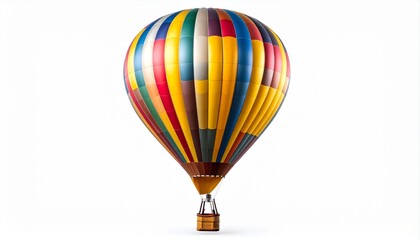 Colorful hot air balloon with wicker basket and two passengers