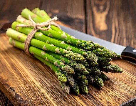 Fresh green asparagus bunch on wooden board