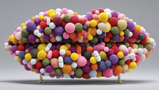 Colorful, 3D lips formed from a multitude of colorful spheres and pills