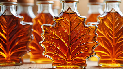 Amber liquid filled maple leaf shaped glass bottles syrup
