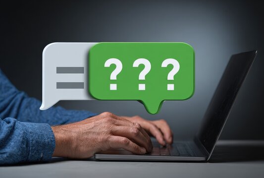 Hands typing on laptop with question marks in speech bubble