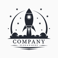 A simple logo featuring a black rocket taking off surrounded by stars and smoke