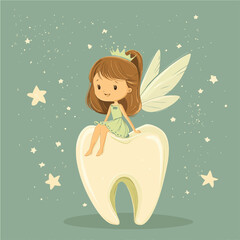 Tooth Fairy Sitting on Giant Tooth , vector style simple color