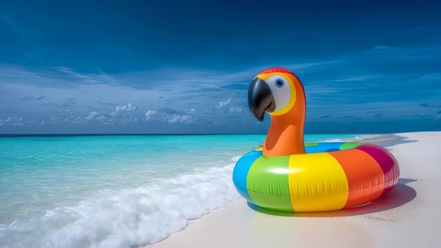 Inflatable parrot shaped float lying on a tropical beach with turquoise water and blue sky