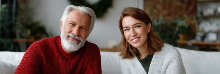 Caucasian mature male and young female smiling indoors
