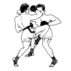 Retro line art of two muscular fighters engaged in a Muay Thai bout, captured mid-kick and punch. Perfect for martial arts, sports, and fitness themes.