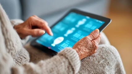 Elderly woman using digital tablet with health app showing medical data - Powered by Adobe