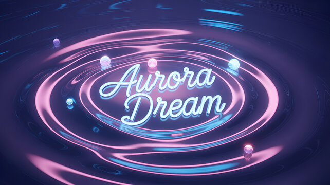 Aurora dream text in neon lights on rippled surface with floating spheres