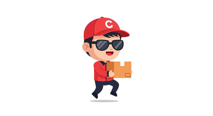 Cartoon Delivery Person Carrying Package, Wearing Red Uniform