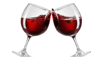 Two wine glasses clinking with red wine.