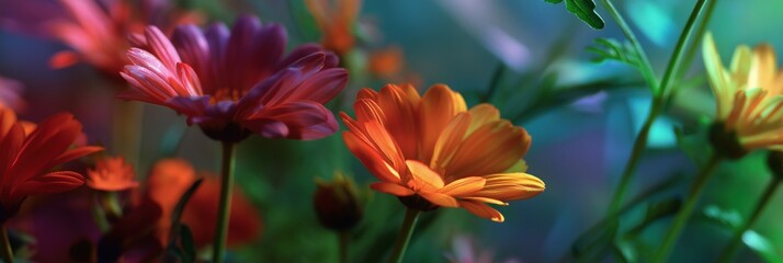 Naklejka premium Vibrant orange and purple flowers in lush garden setting