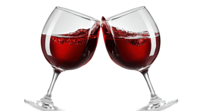 Two wine glasses clinking with red wine.