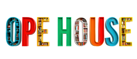 Colorful open house sign with decorative letters.
