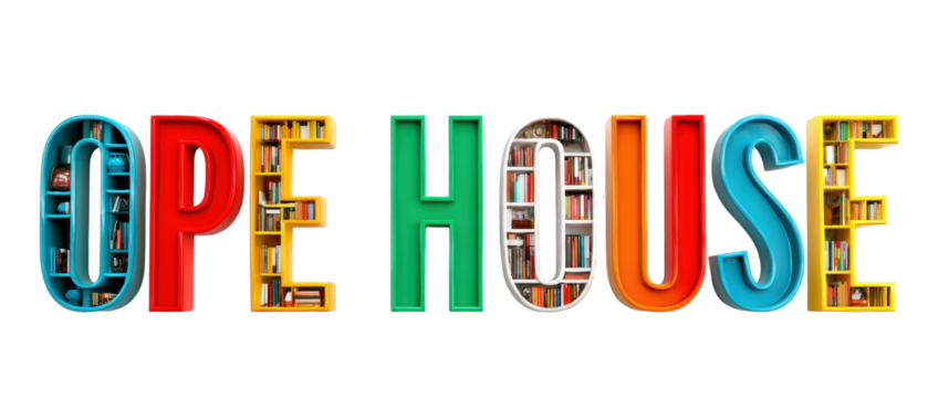 Colorful open house sign with decorative letters.