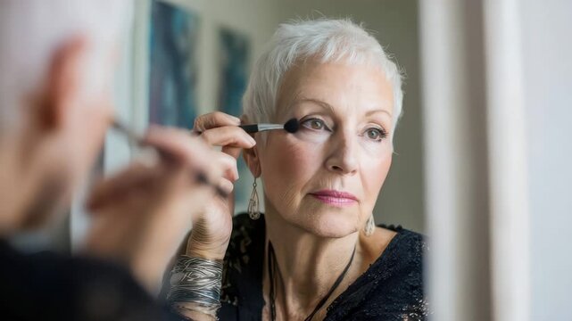 Elegant senior woman applying eyeshadow makeup looking in the mirror at home