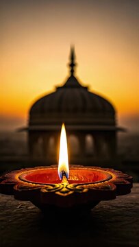 lit diya oil lamp flame temple silhouette sunset background