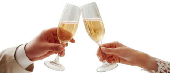 Two champagne glasses clinking in celebration.