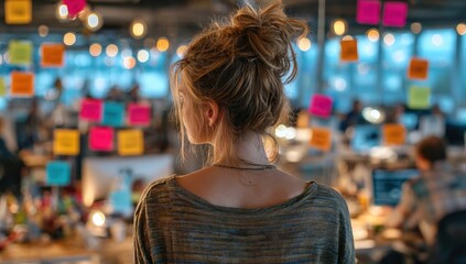 Woman with messy bun looks at bright, collaborative office with sticky notes