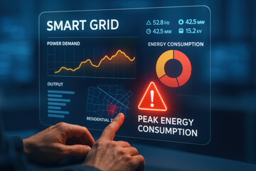 Smart grid interface showing energy consumption and peak energy warning on screen