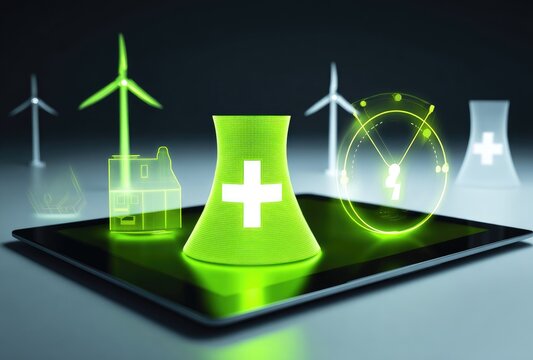 Digital tablet displays glowing green energy icons, including a nuclear reactor symbol, wind turbines, and house, on a dark background