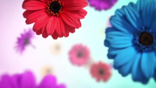 Colorful Flower Petals Flying horizontal Background. Flower seamless background. Bright and Cheerful Blossom flowers Flying Wallpaper. Colorful flower scattered Seamless Pattern