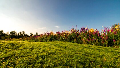 A blurred landscape of vibrant flowers and green grass against a clear blue sky