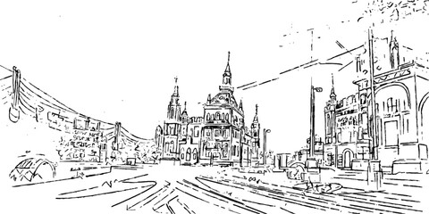 Architectural sketch of the Church of the Holy Sepulchre, an old medieval city landmark