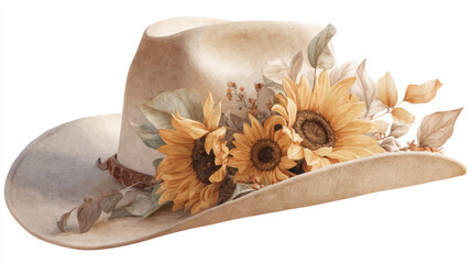 Watercolor Cowboy Hat with Sunflowers and Leaves Illustration on White Background