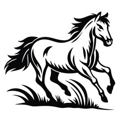Black and White Horse Galloping with Grass on a White Background Style