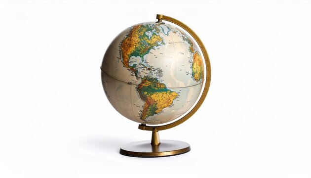 Tilted globe on brass stand showing Americas, educational and classic.