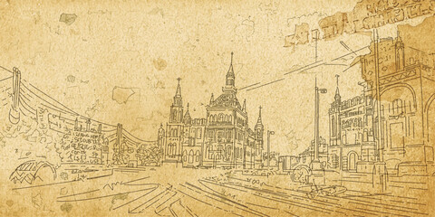 Vintage drawing of an old European town with a medieval castle on a textured paper background resembling an ancient world map
