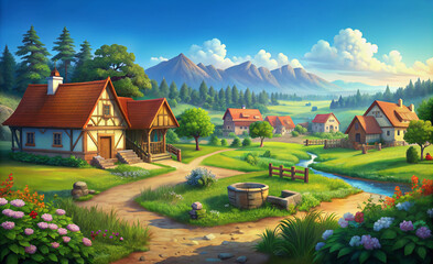 Picturesque Village in a Lush Valley with Mountains