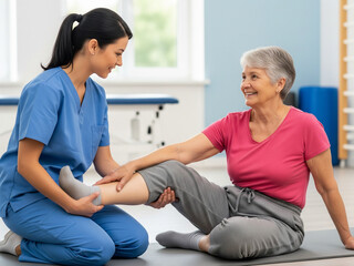 Leg stretching activity gradually improves body mobility overall.